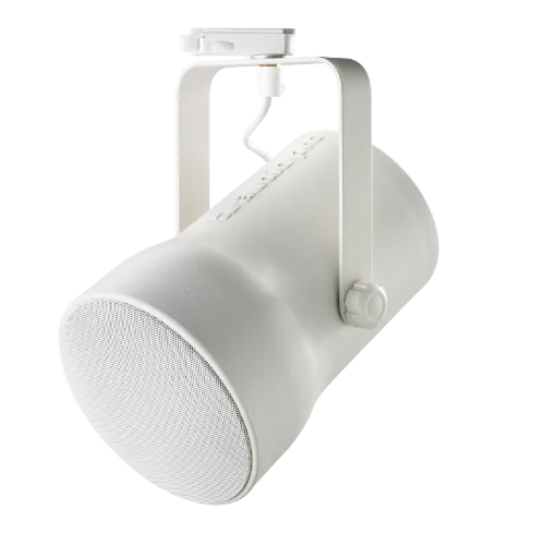 Diffusore Audio Pro SP-3 bianco montato su binario luce trifase in un negozio