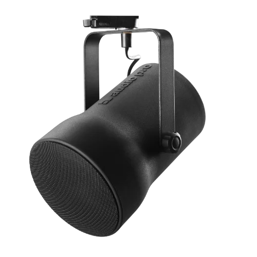 Diffusore Audio Pro SP-3 nero montato su binario luce trifase in un negozio