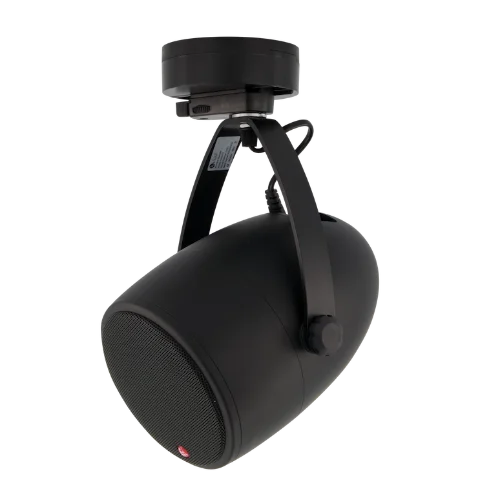 Diffusore Loud of Sweden S2 nero su binario luce trifase per impianto audio negozio e hotel