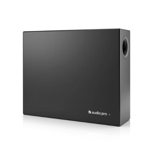 Audio Pro SUB-1 black compact subwoofer for background music systems in shops, cafés, and restaurants