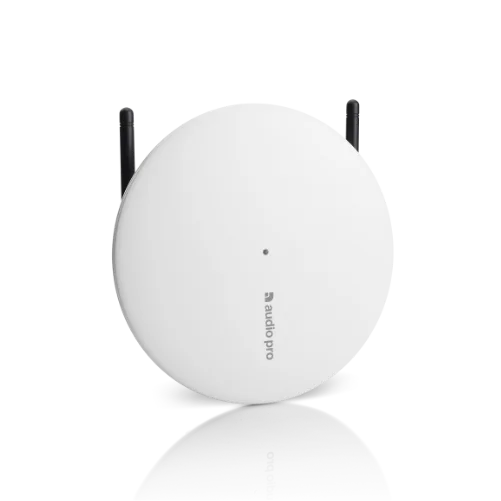 Audio Pro TX-1 white wireless audio transmitter for professional sound installations in retail and hospitality environments